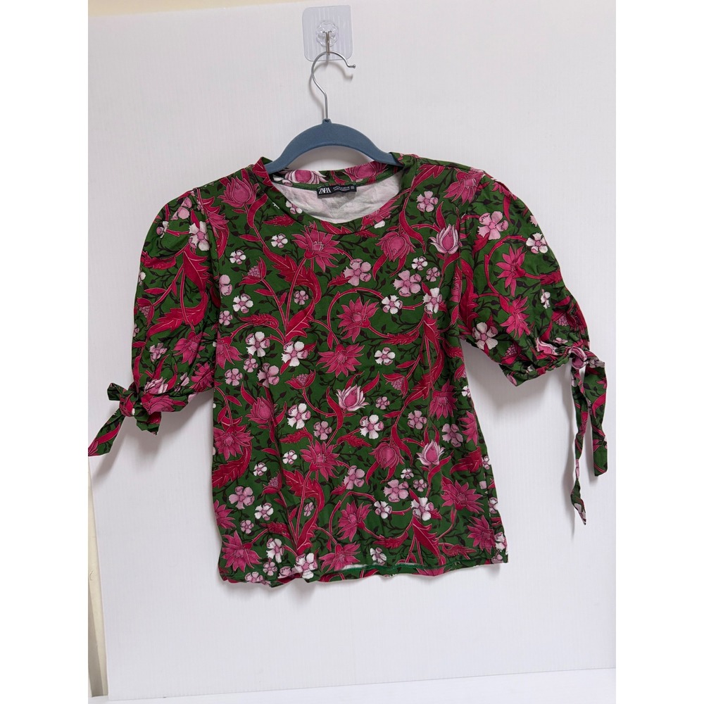 Zara Floral Puff Sleeve Tie Cuff Top Green Pink Botanical Print Small